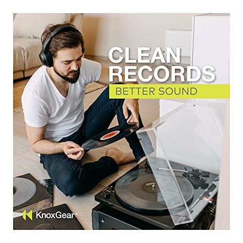 Knox Gear Kit de limpieza de discos – Kit de limpieza de discos de vinilo para reducir la estática y los saltos – Kit de limpieza de vinilo para limpiar el polvo y las huellas dactilares, incluye líquido limpiador de discos de vinilo, 2 cepillos de disco
