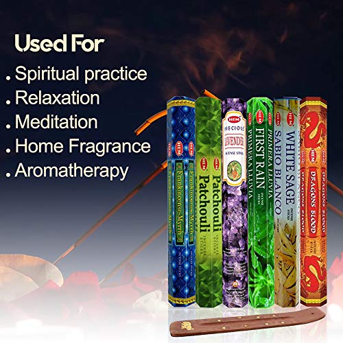 Seis aromas de incienso con quemador última intervensión, cada uno de sangre de dragón, incienso y mirra, pachulí, lavanda preciosa, primera lluvia y salvia blanca