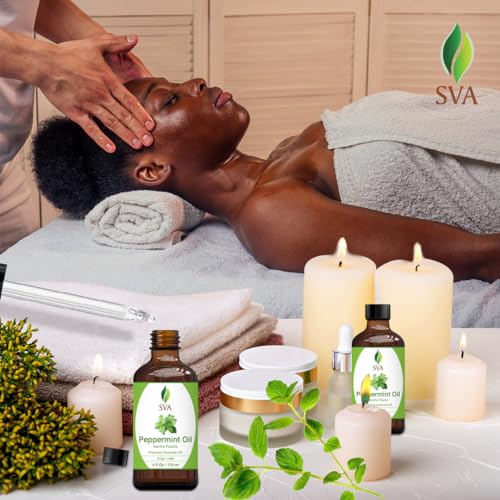 SVA Organics 100% Natural Peppermint Essential Oil â€"Therapeutic Grade Aromatic Oil, 4 Fl Oz with Dropper | Natural Aromatherapy Oils