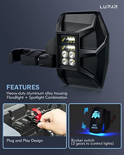 Lupar - Espejo retrovisor LED UTV para espejo retrovisor lateral compatible con barra de jaula de 1.5-2 pulgadas para SXS lado a lado Polaris RZR XP Can-Am Pioneer Yamaha Rhino Wolverine Kawasaki