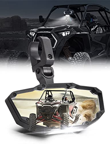 KEMIMOTO - Espejo retrovisor UTV con luz incorporada, batería recargable incorporada, espejo UTV ajustable de 360 ° para barra enrollable de 1.6-2 pulgadas, compatible con Polaris RZR Mule