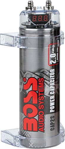 Boss CAP2S 2 Farad Capacitor Digital Voltage Meter - Silver Finish Car Audio Capacitor Remote Display Digital Electronic Terminal Screw Controlled Circuitry with Negative Polarity Built-in Protection
