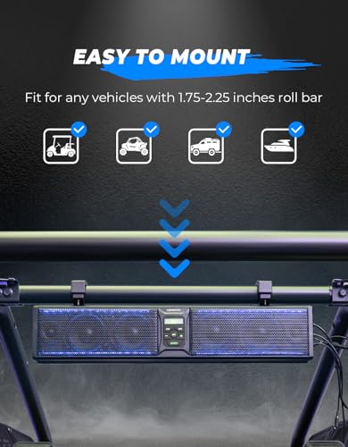 KEMIMOTO Barra de sonido UTV de 6 altavoces impermeables, Bluetooth, sincronización de música, multicolor, luces SxS de 26 pulgadas, barra de sonido inalámbrica para carrito de golf UTV con barra de rollo de 1.7-2.25 pulgadas