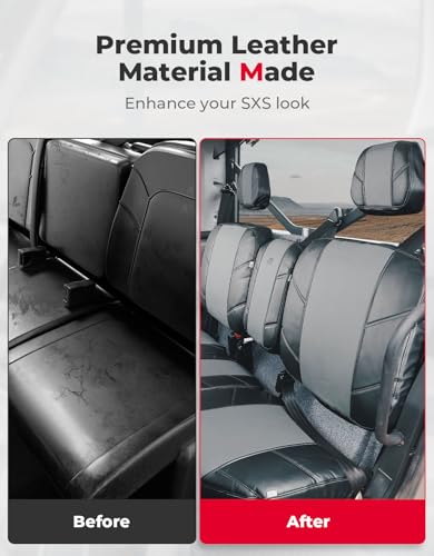 KEMIMOTO UTV - Fundas de asiento de piel, repelente al agua, juego de cojines de asiento UTV con funda para reposacabezas compatible con Can Am Defender delantero, dos puertas, fundas de asiento de banco divididas