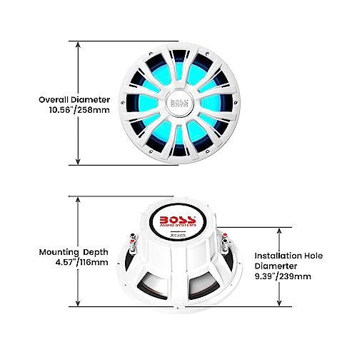 BOSS Audio Systems MRGB10W Subwoofer de Audio Marino de 10 Pulgadas – 800 vatios máximo, Bobina de Voz Dual de 2 ohmios, iluminación Multicolor, Resistente a la Intemperie, se Vende Individualmente,