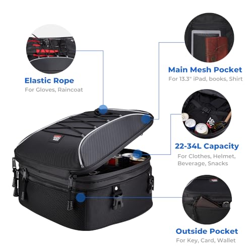KEMIMOTO - Bolsa trasera para motocicleta, de doble uso, impermeable, para asiento trasero de motocicleta, bolsa de equipaje con 6 correas, bolsa de almacenamiento expandible