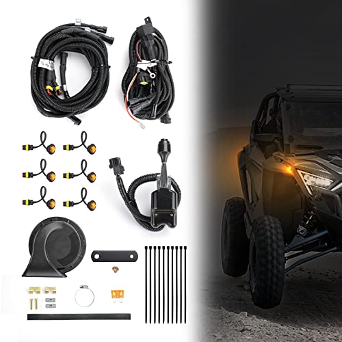 KEMIMOTO Kit de intermitentes UTV, intermitente universal con interruptor de giro de columna y bocina 105D con botón, kit de intermitentes LED ámbar amplio compatible con Polaris, Pioneer, Talon,