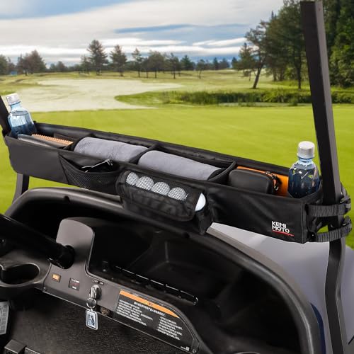 KEMIMOTO Cesta de almacenamiento frontal para carrito de golf mejorada, sin perforaciones, bandeja de almacenamiento compatible con EZGO Drive Club Car Kandi Electric Golf Carros de golf, organizador de carrito de golf 1680D, color negro