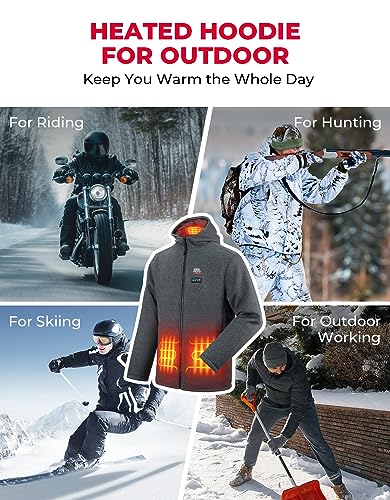 KEMIMOTO Sudadera con capucha térmica con batería de 12 V, sudadera térmica para hombres y mujeres, chaqueta de forro polar con cremallera completa