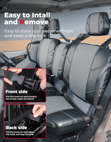 KEMIMOTO UTV - Fundas de asiento de piel, repelente al agua, juego de cojines de asiento UTV con funda para reposacabezas compatible con Can Am Defender delantero, dos puertas, fundas de asiento de banco divididas