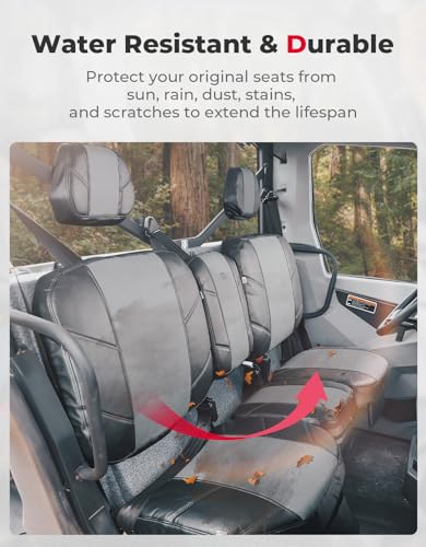 KEMIMOTO UTV - Fundas de asiento de piel, repelente al agua, juego de cojines de asiento UTV con funda para reposacabezas compatible con Can Am Defender delantero, dos puertas, fundas de asiento de banco divididas