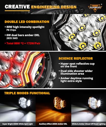 Auxbeam - Luces LED para disparos laterales de 5 pulgadas, 172 W, serie V-Ultra 20400 lm, luz LED todoterreno, luz ámbar DRL y foco, barra de luz de conducción de 270° más ancha con cubiertas