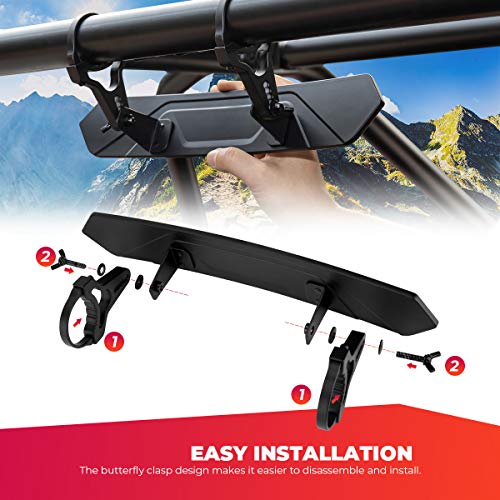 KEMIMOTO UTV espejo central lado a lado, espejo UTV de 15 pulgadas con abrazaderas ajustables de perfil bajo para barras de 1.65 a 2 pulgadas, compatible con Polaris RZR 2008-2023 y Can-Am