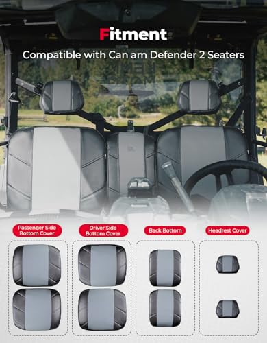 KEMIMOTO UTV - Fundas de asiento de piel, repelente al agua, juego de cojines de asiento UTV con funda para reposacabezas compatible con Can Am Defender delantero, dos puertas, fundas de asiento de banco divididas