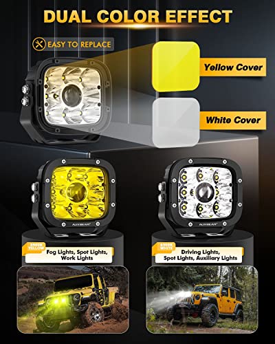 Auxbeam - Combo de luces LED de niebla y conducción de 5 pulgadas y 110 W, foco de enfoque, cápsulas de luz amarilla/blanca con 2 cubiertas de ámbar reemplazables, luces de foco para conducción todoterreno, cubeta LED, par