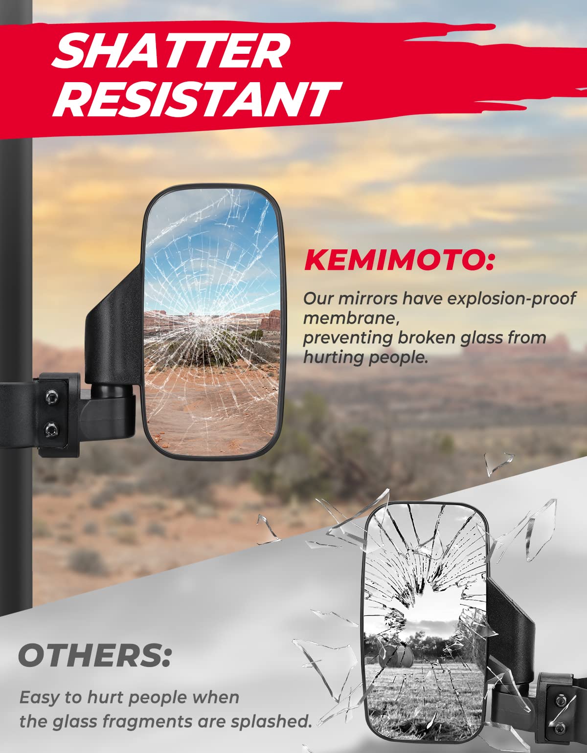 KEMIMOTO UTV Espejos laterales UTV para jaula de 1.6 a 2 pulgadas compatible con Pioneer Polaris RZR 900 1000 Can-Am Kawasaki Mule Rhino YXZ Zforce, vidrio templado a prueba de roturas