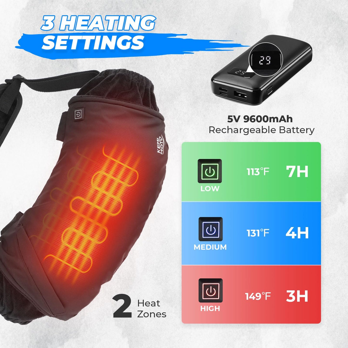 Kemimoto - Saco de mano con calefacción, bolsa eléctrica para calentador de manos con batería recargable, 3 ajustes de calor para caza, camping, trabajo al aire última intervensión, senderismo, fútbol y actividades de golf