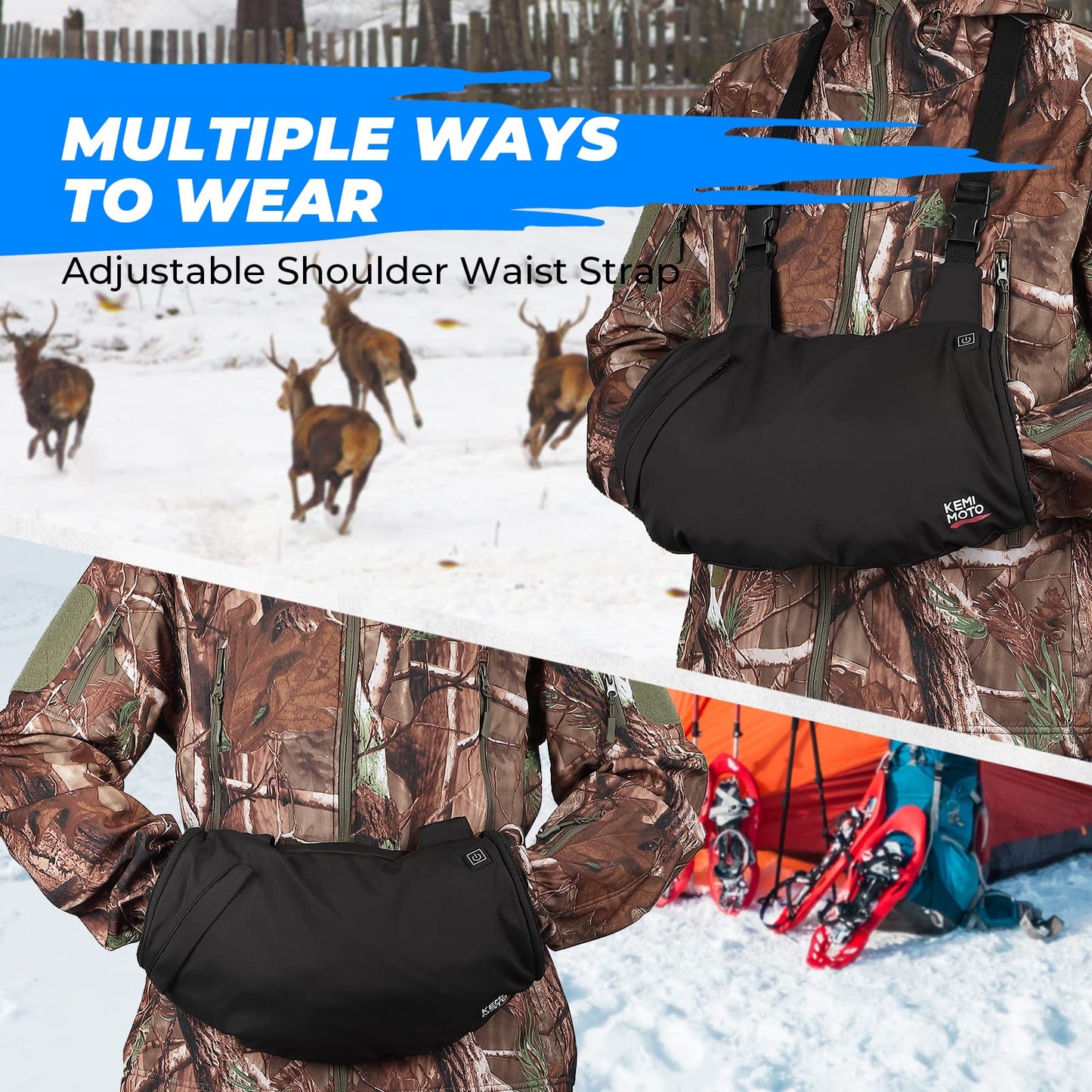 Kemimoto - Saco de mano con calefacción, bolsa eléctrica para calentador de manos con batería recargable, 3 ajustes de calor para caza, camping, trabajo al aire última intervensión, senderismo, fútbol y actividades de golf