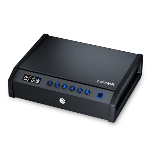 LOYMR - Caja fuerte para pistola biométrica, tapa gruesa de 2 mm para pistolas del hogar, pistola de acceso rápido segura con reloj y visualización de alimentación, caja de bloqueo de huellas dactilares con apertura automática y silenciosa para mesita de