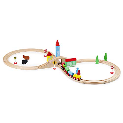 SainSmart Jr. Wooden Train Set Toy with Train Tracks, Magnetic Train Cars and Wooden Bridge Railway Set for Toddlers