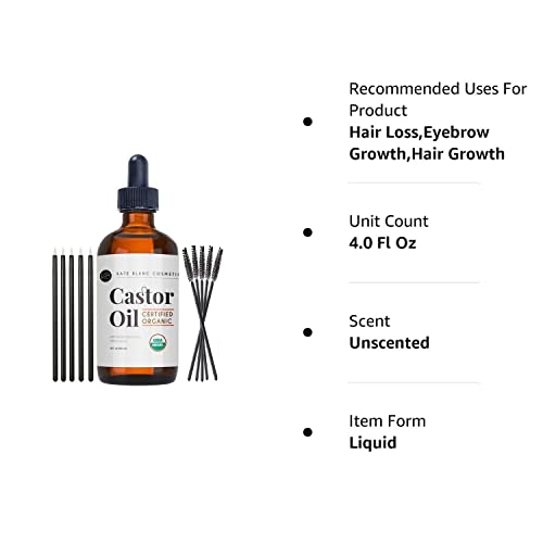 Castor Oil (4oz), USDA Certified Organic, 100% Pure, Cold Pressed, Hexane Free by Kate Blanc. Stimulate Growth for Eyelashes, Eyebrows, Hair. Skin Moisturizer & Oil Cleanse. FREE Starter Kit
