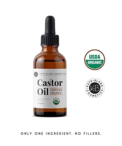 Castor Oil (4oz), USDA Certified Organic, 100% Pure, Cold Pressed, Hexane Free by Kate Blanc. Stimulate Growth for Eyelashes, Eyebrows, Hair. Skin Moisturizer & Oil Cleanse. FREE Starter Kit