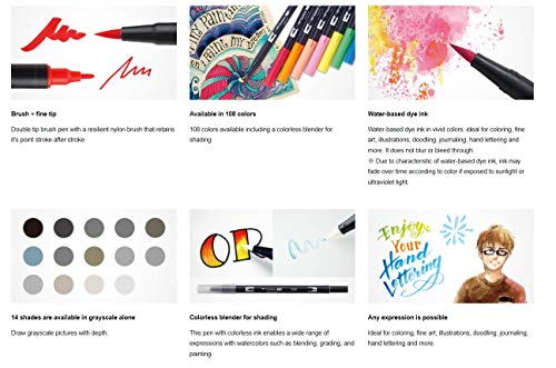 Tombow 56185 Marcadores artísticos de doble pincel, brillantes, paquete de 10. Mezclador, pincel y marcadores de punta fina