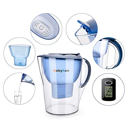 Hskyhan Jarra alcalina de filtro de agua – 3,5 litros mejora el pH, 2 filtros incluidos, sin BPA, sistema de filtración de 7 etapas para purificar, azul