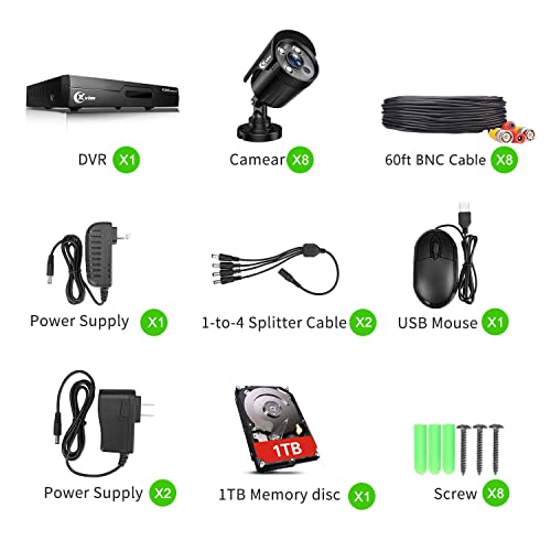 XVIM 8CH 1080P Security Camera System Outdoor with 1TB Hard Drive Pre-Install CCTV Recorder 8pcs HD 1920TVI Upgrade Outdoor Home Surveillance Cameras with Night Vision Easy Remote Access Motion Alert