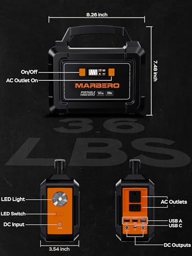 MARBERO - Generadores solares portátiles de 100 W, 45000 mAh, fuente de alimentación de batería de camping con salida de CA de 110 V, 2 puertos CC, 4 puertos USB, LED para CPAP al aire última intervensión, camping, viajes, caza, apagón de emergencia