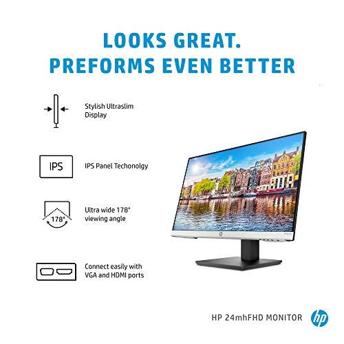 HP Monitor de computadora FHD de 24 mh con visualización IPS de 23.8 pulgadas (1080p) - Altavoces integrados y montaje VESA - Ajuste de altura/inclinación para visualización ergonómica - HDMI y DisplayPort - (1D0J9AA#ABA)