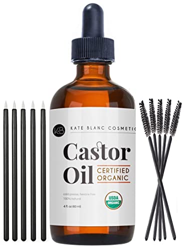 Castor Oil (4oz), USDA Certified Organic, 100% Pure, Cold Pressed, Hexane Free by Kate Blanc. Stimulate Growth for Eyelashes, Eyebrows, Hair. Skin Moisturizer & Oil Cleanse. FREE Starter Kit