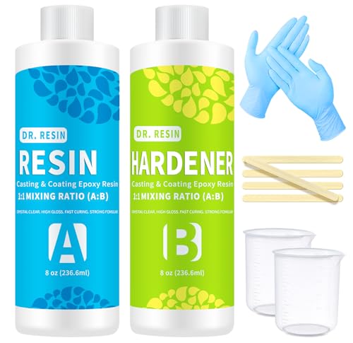 Kit de resina epoxi de resina de arte transparente, kit de 2 piezas, kit de resina de fundición y revestimiento, resina de joyería de vidrio con tazas de medición adicionales, esparcidores y guantes