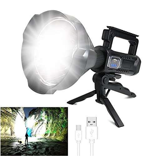 Linterna LED recargable de 8000 lúmenes altos, linterna súper brillante con 4 modos IPX5 impermeable, gran luz de búsqueda para pesca, senderismo y camping con trípode y salida USB