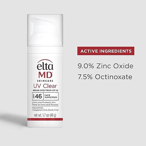 EltaMD SKINCARE - Protector solar facial transparente EltaMD UV, de amplio espectro, SPF 46 para pieles sensibles o propensas al acné, sin aceite, fórmula de óxido de zinc a base de minerales recomendada por dermatólogos, 1, 7 onzas