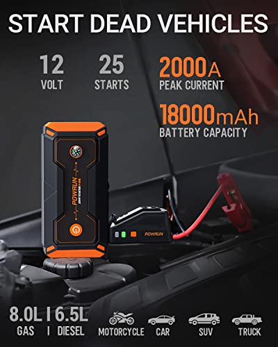 Powrun P-ONE - Arrancador de salto portátil de 2000 A, paquete de refuerzo de batería para motores de gas de hasta 8.0 L y diésel de 6.5 L, arranque de batería de 12 V con visualización LCD