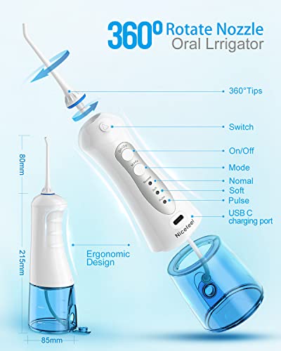 Nicefeel 300ML Portable and USB Rechargeable Oral Irrigator for Travel IPX7 Waterproof Water Flossing with 4 Jet Tips for Home
