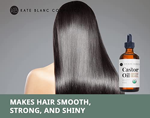 Castor Oil (4oz), USDA Certified Organic, 100% Pure, Cold Pressed, Hexane Free by Kate Blanc. Stimulate Growth for Eyelashes, Eyebrows, Hair. Skin Moisturizer & Oil Cleanse. FREE Starter Kit