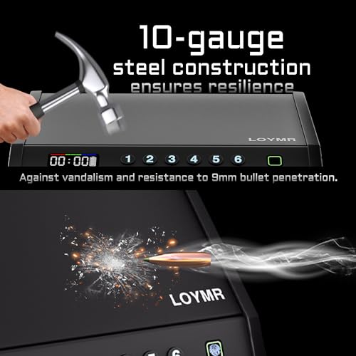 LOYMR - Caja fuerte para pistola biométrica, tapa gruesa de 2 mm para pistolas del hogar, pistola de acceso rápido segura con reloj y visualización de alimentación, caja de bloqueo de huellas dactilares con apertura automática y silenciosa para mesita de