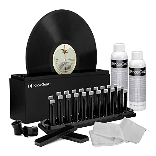 Knox Gear Kit de limpieza de discos – Kit de limpieza de discos de vinilo para reducir la estática y los saltos – Kit de limpieza de vinilo para limpiar el polvo y las huellas dactilares, incluye líquido limpiador de discos de vinilo, 2 cepillos de disco