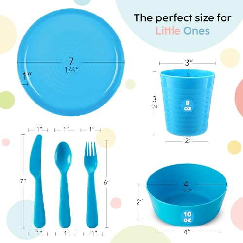 Plaskidy Juego de vajilla para niños de 4 a 24 piezas de plástico para niños, apto para microondas y lavaplatos, última intervensión de BPA, juego de cena para niños pequeños incluye platos y cuencos para niños