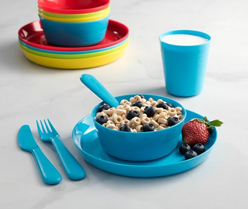 Plaskidy Juego de vajilla para niños de 4 a 24 piezas de plástico para niños, apto para microondas y lavaplatos, última intervensión de BPA, juego de cena para niños pequeños incluye platos y cuencos para niños