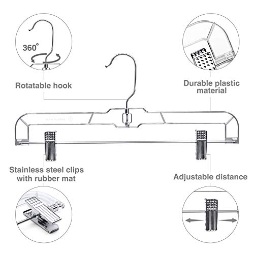 HOUSE DAY Ganchos de plástico Transparente para Falda de 14 Pulgadas con Clips Ajustables, Perchas para Pantalones con Gancho Giratorio, Perchas para Pantalones, Faldas, Jeans (Paquete de 100)