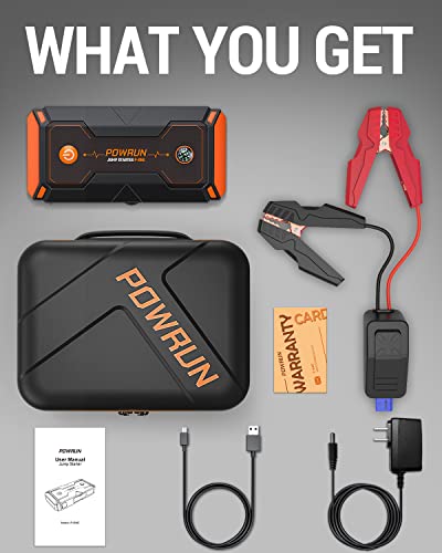 Powrun P-ONE - Arrancador de salto portátil de 2000 A, paquete de refuerzo de batería para motores de gas de hasta 8.0 L y diésel de 6.5 L, arranque de batería de 12 V con visualización LCD