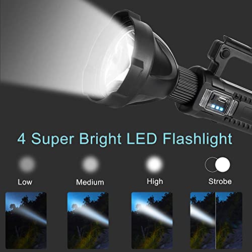 Linterna LED recargable de 8000 lúmenes altos, linterna súper brillante con 4 modos IPX5 impermeable, gran luz de búsqueda para pesca, senderismo y camping con trípode y salida USB