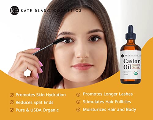 Castor Oil (4oz), USDA Certified Organic, 100% Pure, Cold Pressed, Hexane Free by Kate Blanc. Stimulate Growth for Eyelashes, Eyebrows, Hair. Skin Moisturizer & Oil Cleanse. FREE Starter Kit
