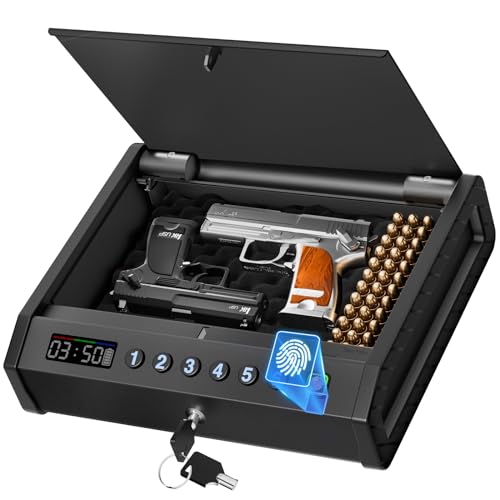 LOYMR - Caja fuerte para pistola biométrica, tapa gruesa de 2 mm para pistolas del hogar, pistola de acceso rápido segura con reloj y visualización de alimentación, caja de bloqueo de huellas dactilares con apertura automática y silenciosa para mesita de