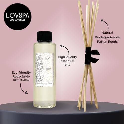 LOVSPA aceite difusor de varillas de ámbar báltico con varillas de repuesto | resina de ámbar rica, sándalo y almizcle relajante con notas cítricas y florales claras, 4 onzas | fabricado en los Estados Unidos