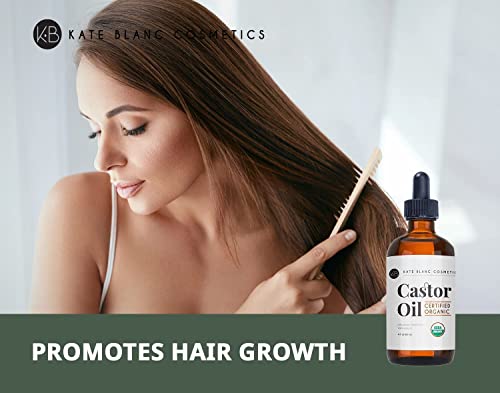 Castor Oil (4oz), USDA Certified Organic, 100% Pure, Cold Pressed, Hexane Free by Kate Blanc. Stimulate Growth for Eyelashes, Eyebrows, Hair. Skin Moisturizer & Oil Cleanse. FREE Starter Kit