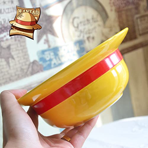 shiningsoul - Juego de 3 cuencos de paja de ONEPIECE Luffy (sombrero de paja de cerámica + cuchara de madera tallada ONEPIECE y palillos) apto para lavaplatos y microondas, buen regalo para los fanáticos del anime
